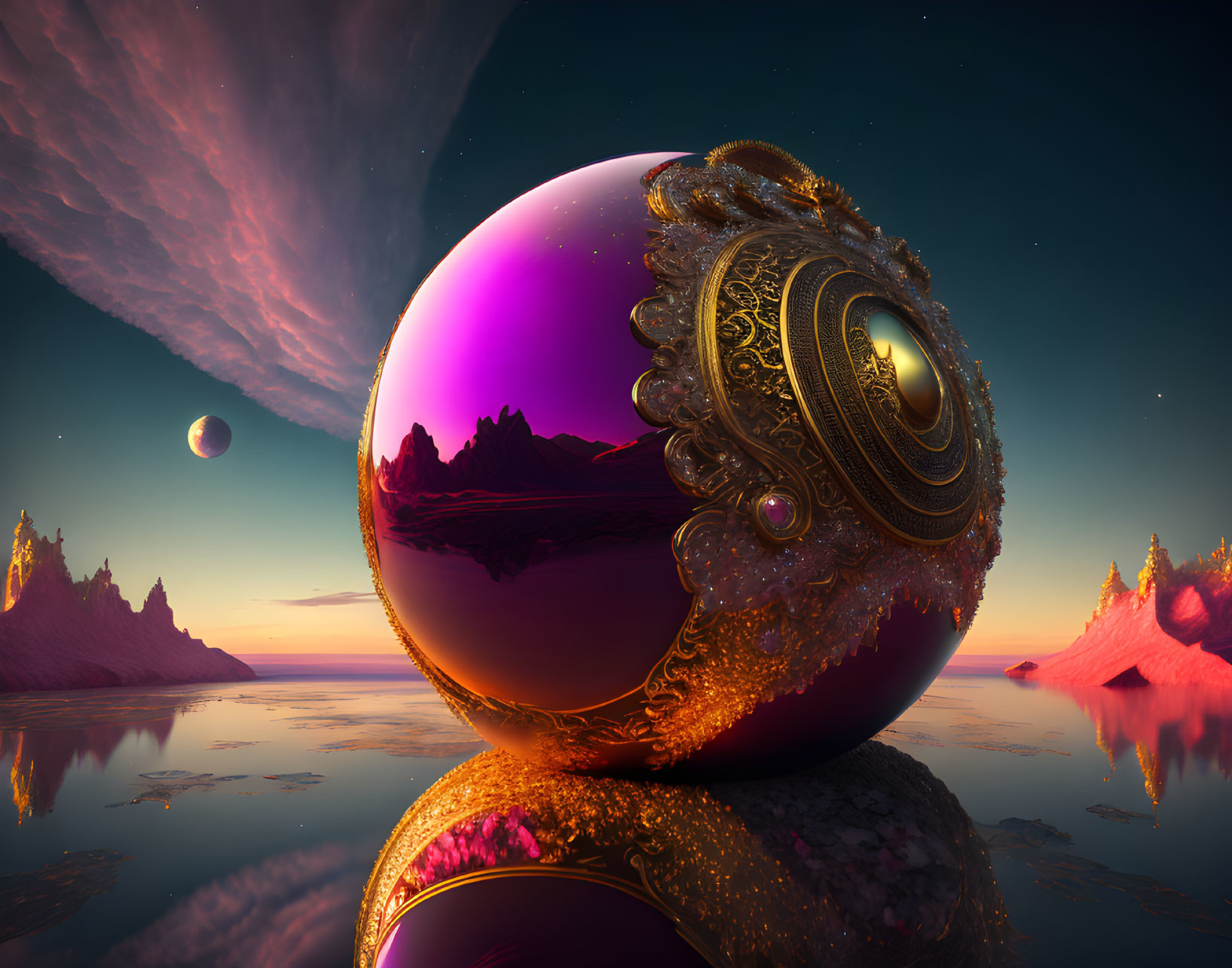 Surreal landscape with golden orb, pink mountains, water, and planets