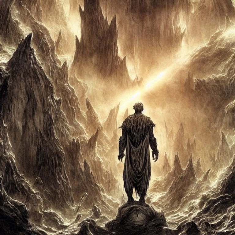 Figure in front of jagged mountains with light beam