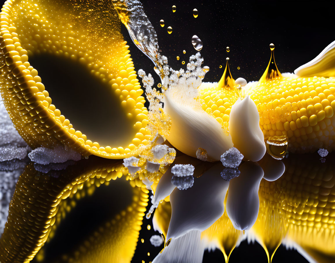 Fresh corn cobs with water droplets on black background