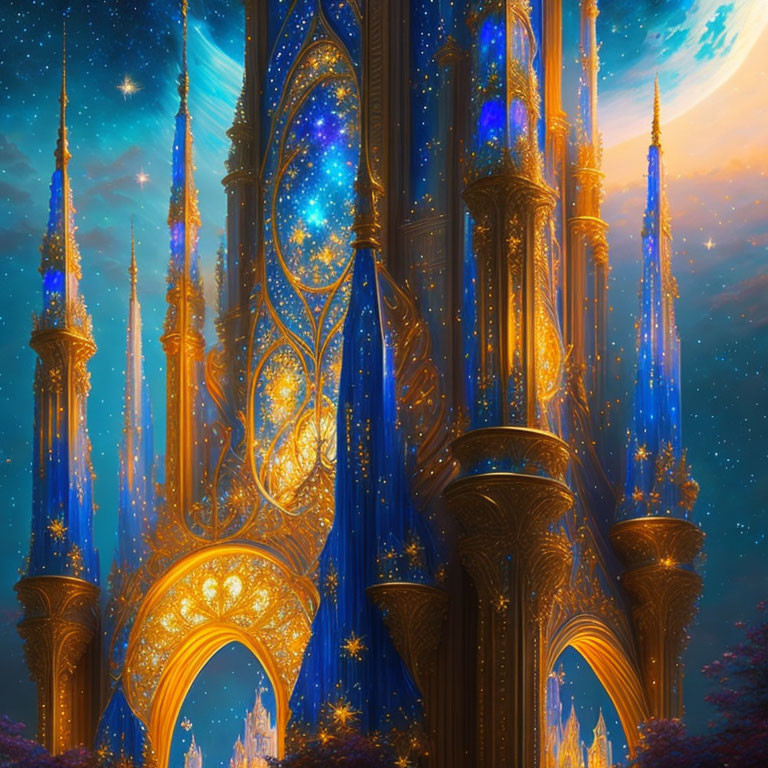 Majestic cosmic castle with blue and gold towers in starry sky forest
