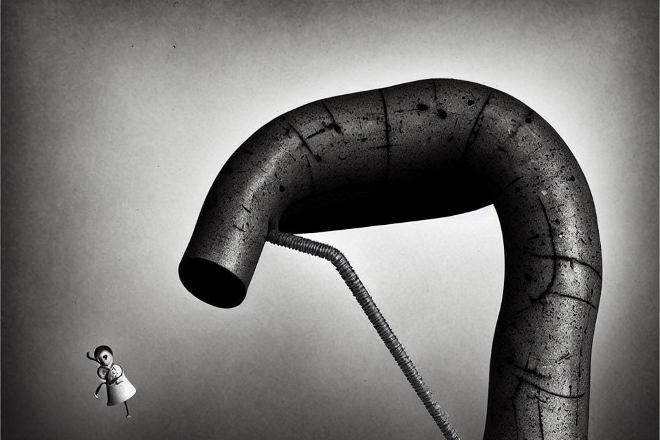 Monochrome surreal image: tiny person sucked into large industrial pipe