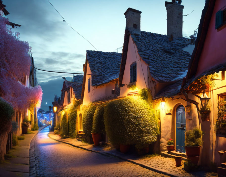 Traditional Houses on Cobblestone Street at Twilight with Warm Street Lights