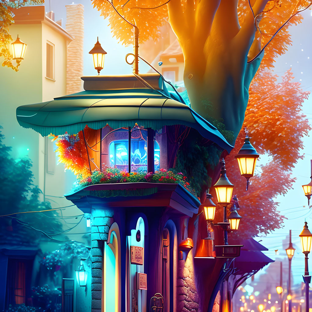 Illustration of Cozy Autumn Street Corner with Vibrant Trees and Blue-lit Balcony
