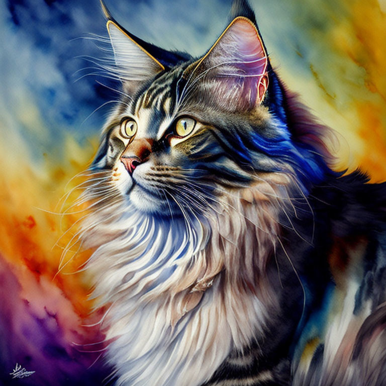 Vibrant Maine Coon Cat Illustration with Detailed Fur Patterns