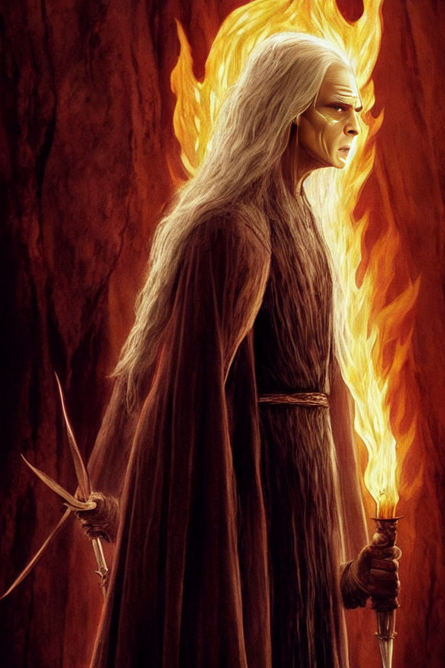 White-haired blindfolded figure with staff and flame, in brown cloak against fiery background