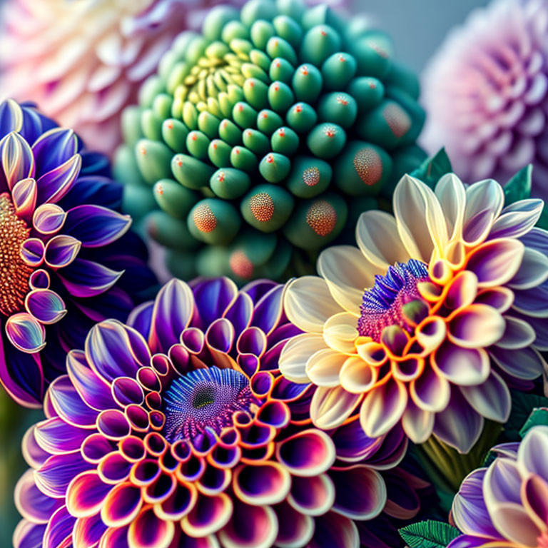 Assorted dahlias in purple, blue, green, and peach hues with intricate petal patterns.