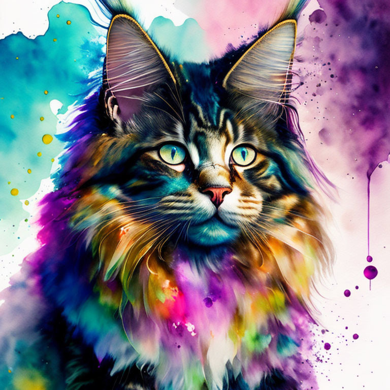 Colorful Maine Coon Cat Artwork with Green Eyes in Psychedelic Watercolor Palette