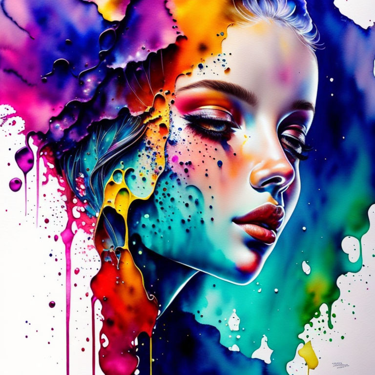 Vibrant watercolor portrait of a woman with cool and warm hues