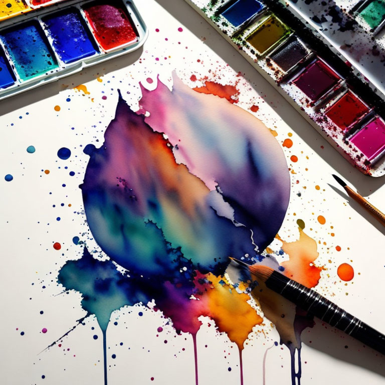 Colorful Watercolor Palette with Paint Brush and Splashes on White Surface