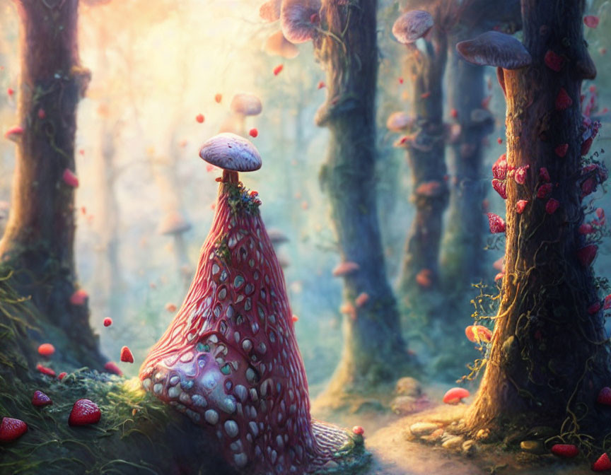Enchanted forest path with oversized mushrooms and trees