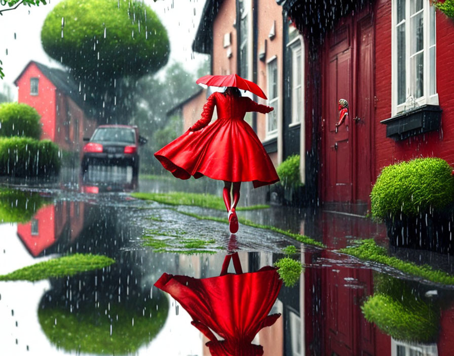 Person in red dress dancing with red umbrella in rain on wet street