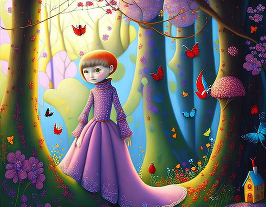 Illustration of girl in purple dress in enchanted forest with colorful trees, butterflies, flowers & tiny house