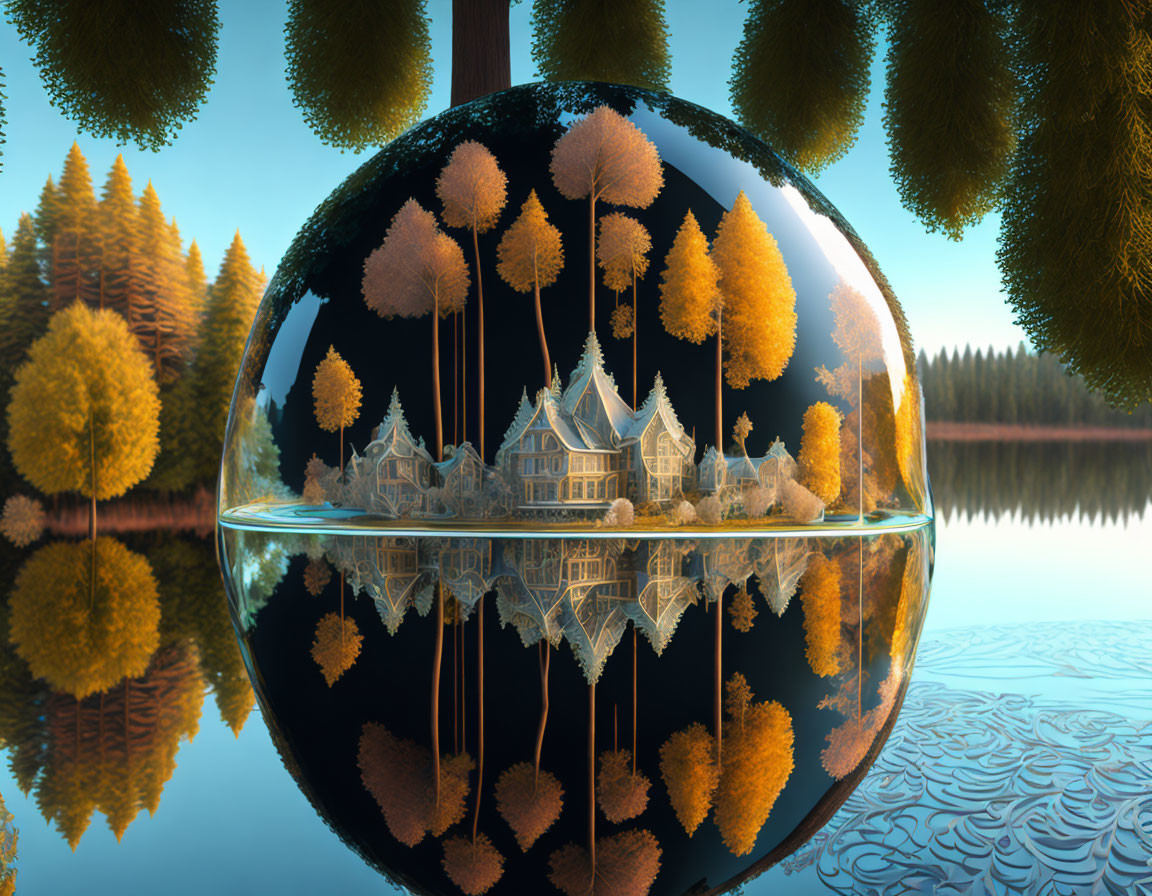 Reflective sphere displaying autumn forest, Victorian house, and tranquil lakeside.