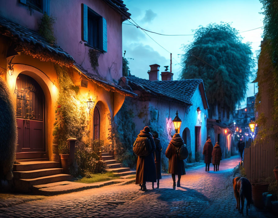Cobblestone street at dusk with old buildings, people, and a dog
