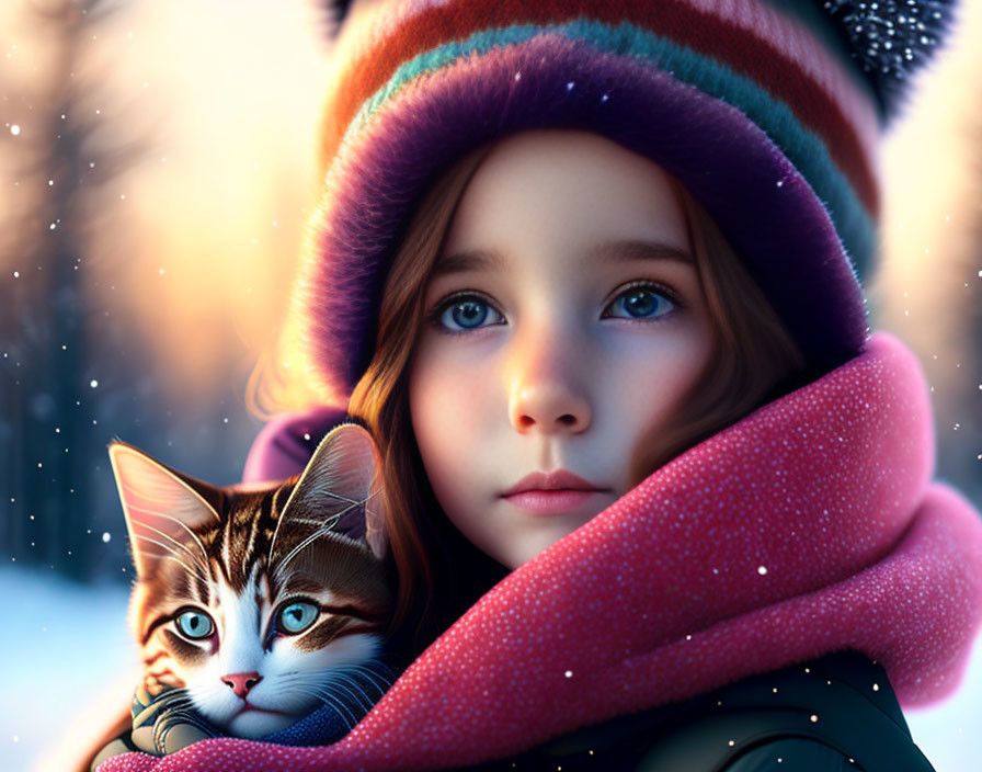 Girl with Blue Eyes Holding Tabby Cat in Winter Scene