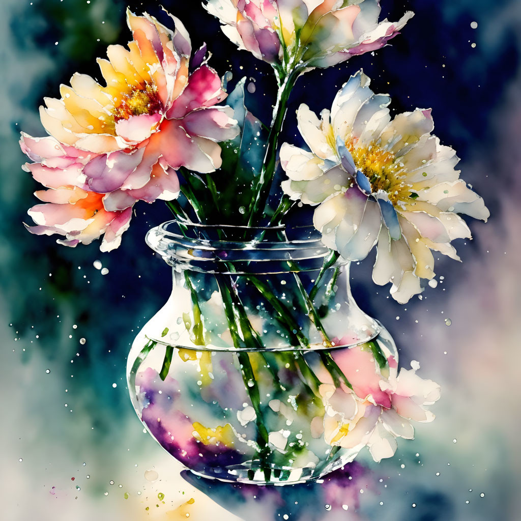 Colorful Watercolor Painting of Flowers in Glass Vase on Dark Background