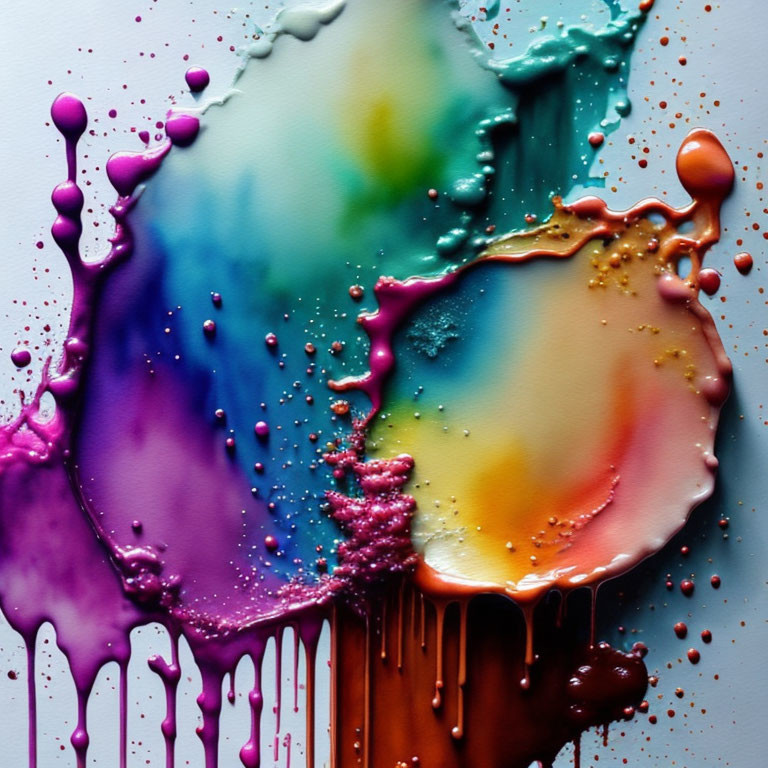Colorful Wet Paint Splatter in Pink, Blue, Yellow, and Brown