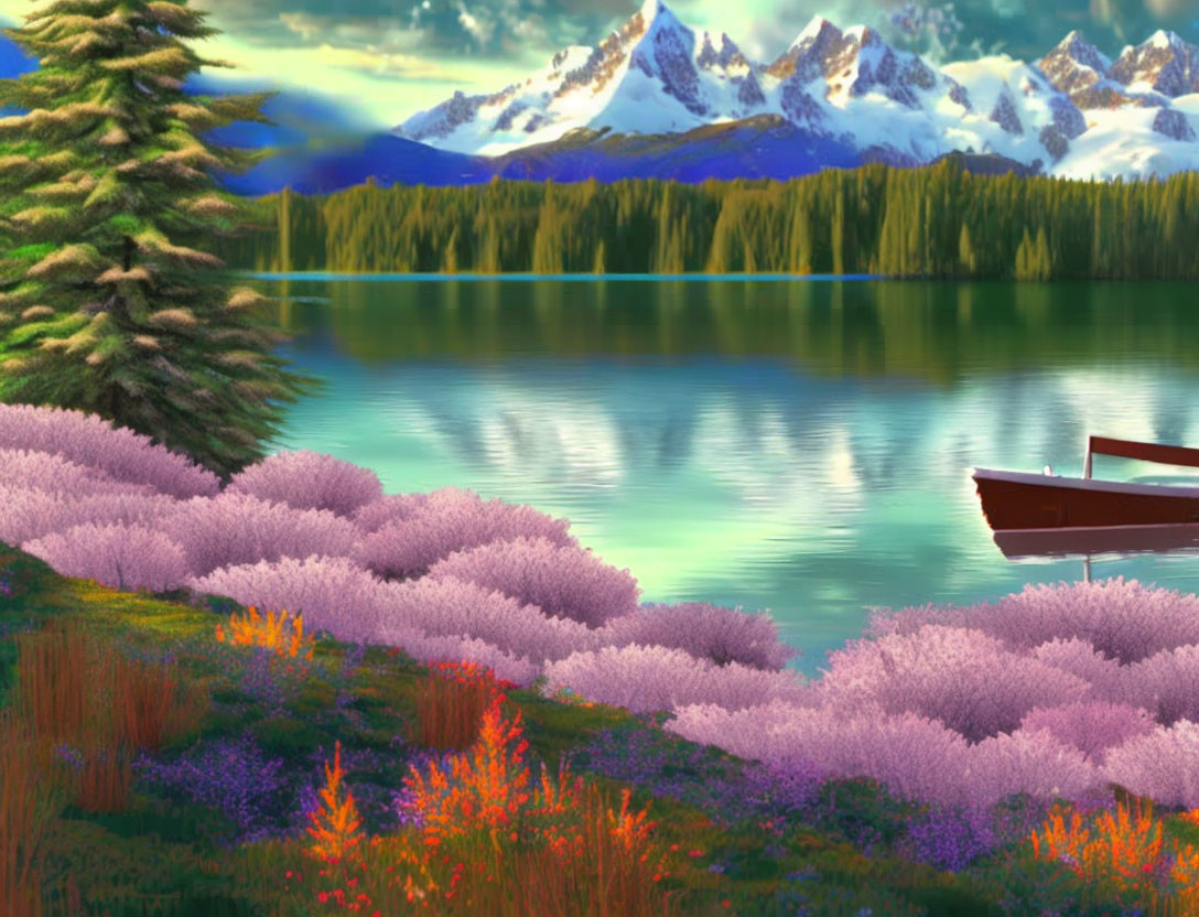 Tranquil Lake Scene with Boat, Purple Flowers, Trees, and Mountains