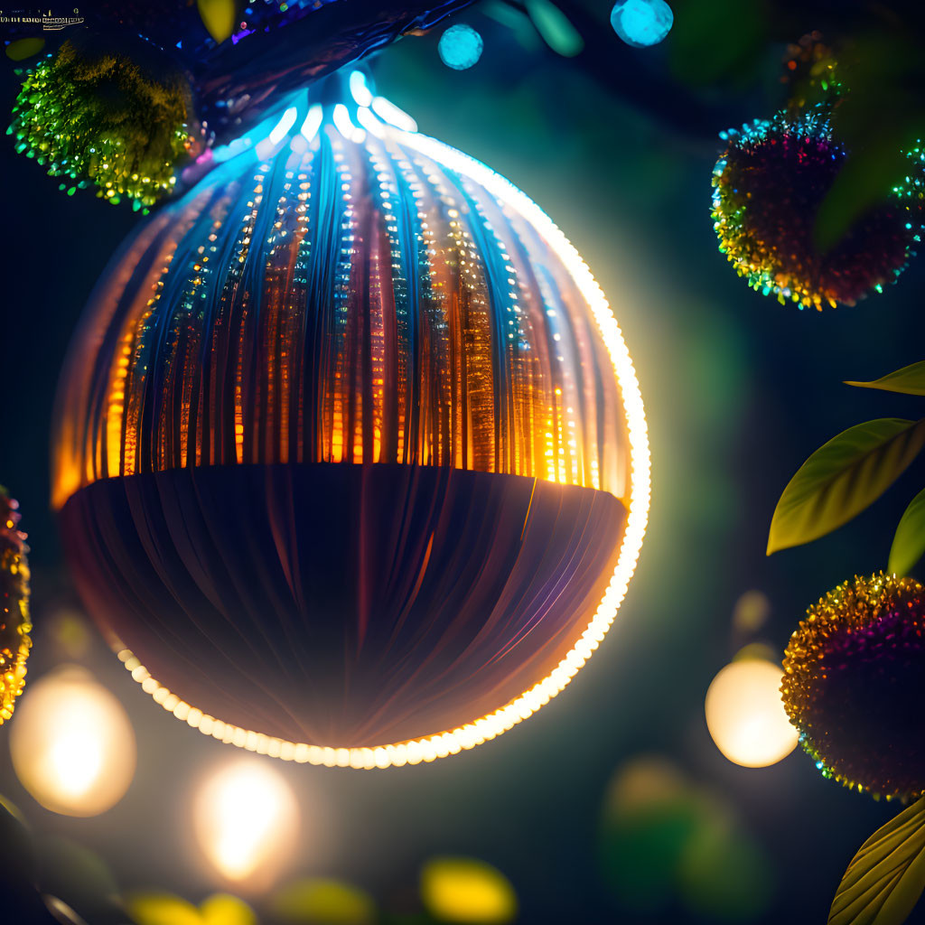 Nighttime scene with spherical lantern hanging from tree, glowing orbs, and leaves, creating magical ambiance