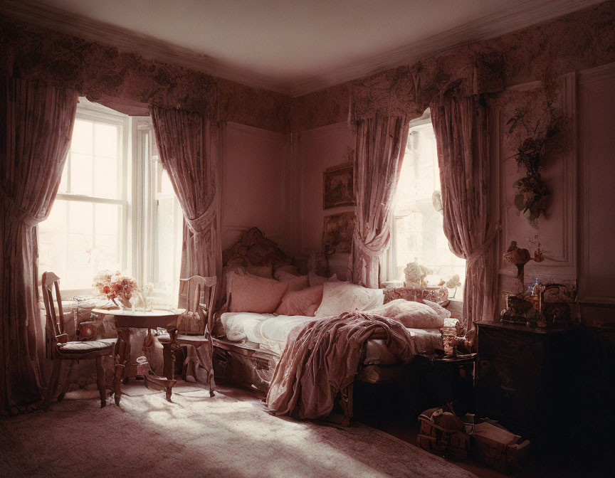 Vintage Bedroom with Pink Floral Wallpaper and Ornate Furniture