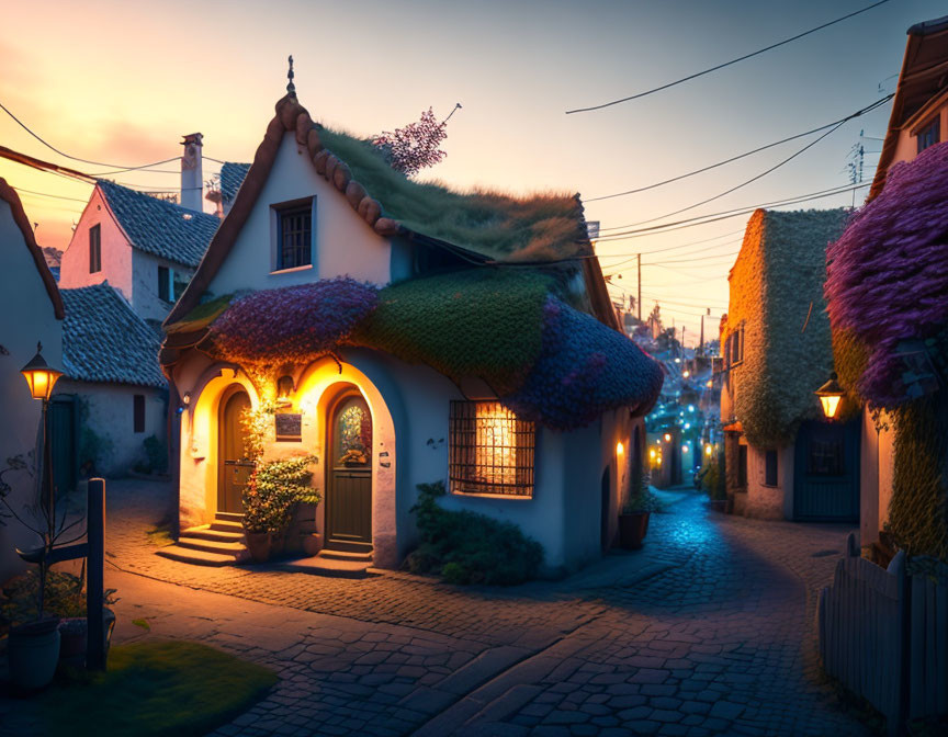 Thatched Roof Cottage with Glowing Lights on Cobblestone Street