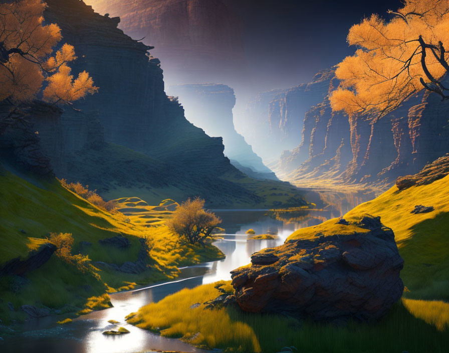 Serene sunrise landscape with river in canyon and vibrant autumn trees