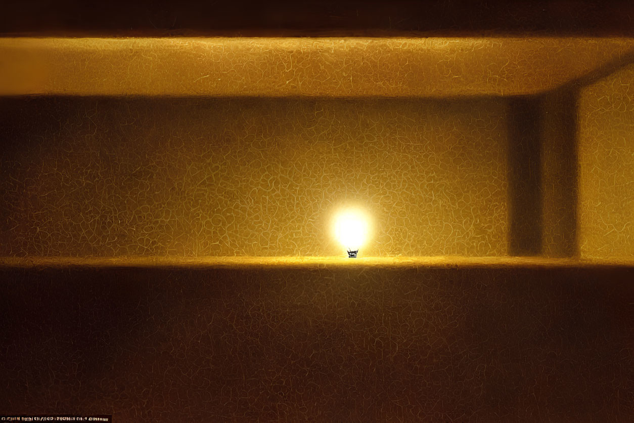 Warm Glow of Solitary Lightbulb on Textured Golden Walls