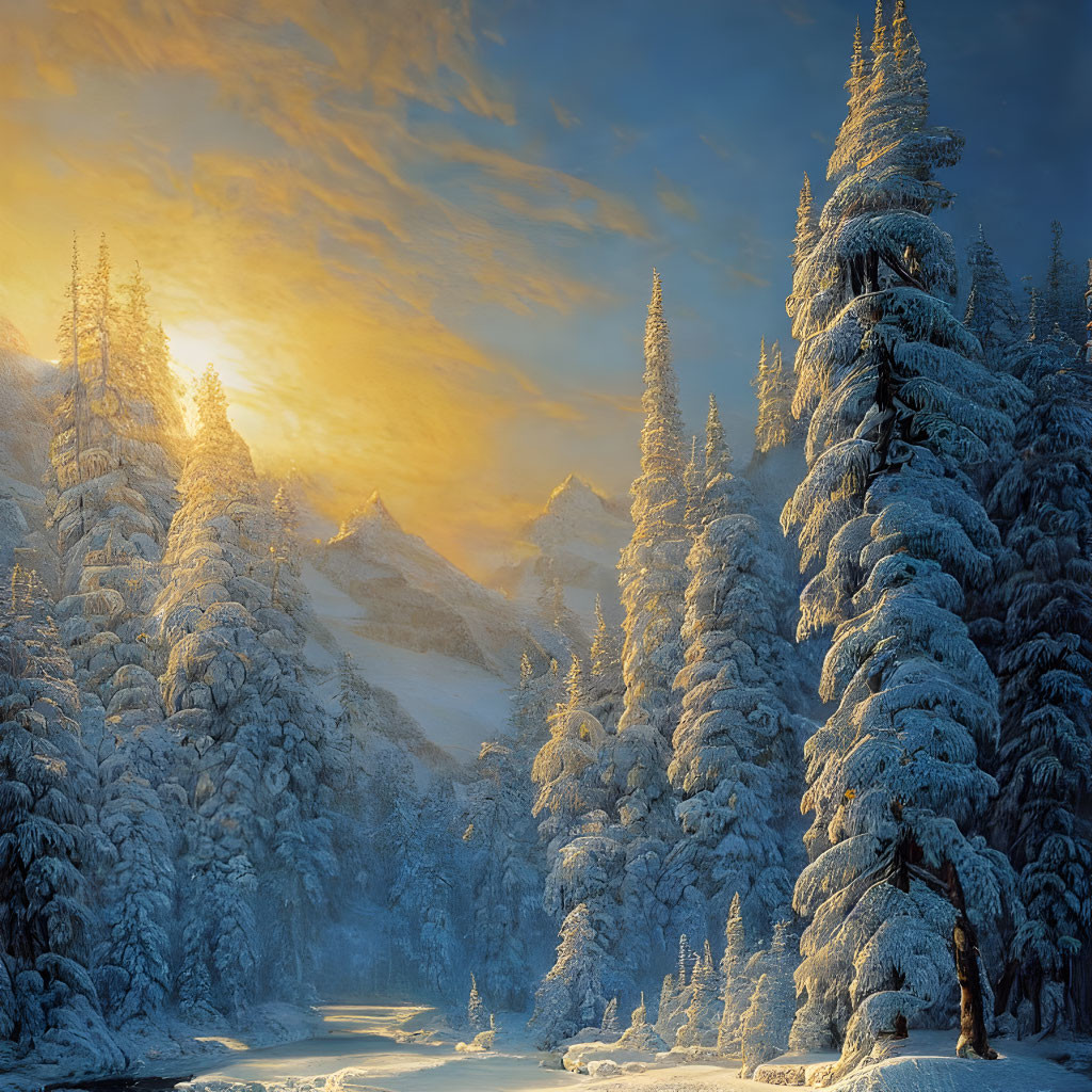 Snowy landscape at sunset: Fir trees, mountains in warm glow