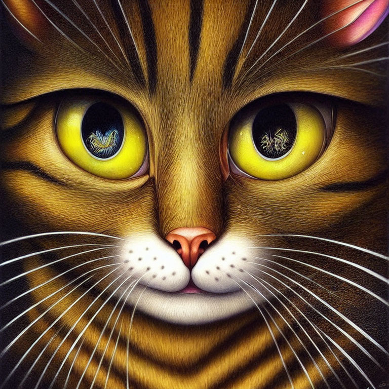 Detailed Cat Illustration with Yellow Eyes and Whiskers on Dark Background