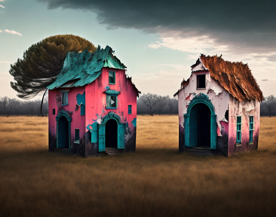 Dilapidated colorful houses in desolate field with surreal tree-like roofs