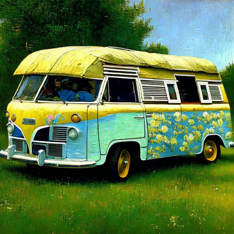 Colorful vintage van with floral design parked in lush field, people inside.