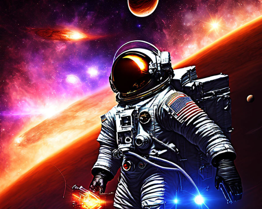 Astronaut in spacesuit amidst vibrant cosmic scene