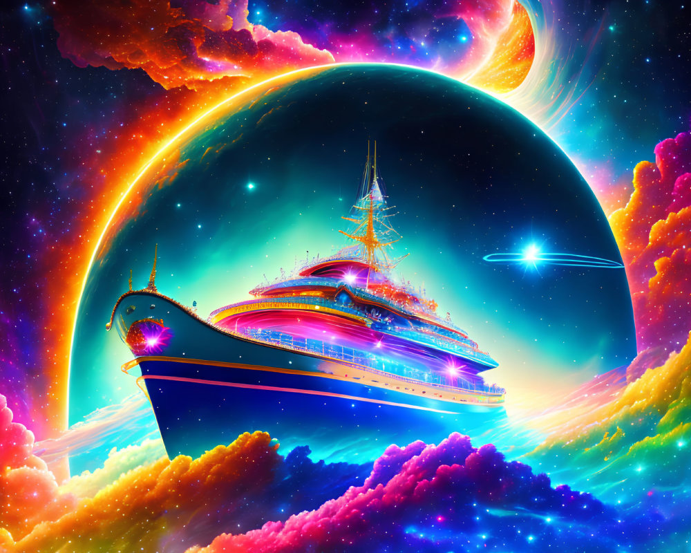 Colorful Cosmic Scene with Futuristic Ship and Nebulae