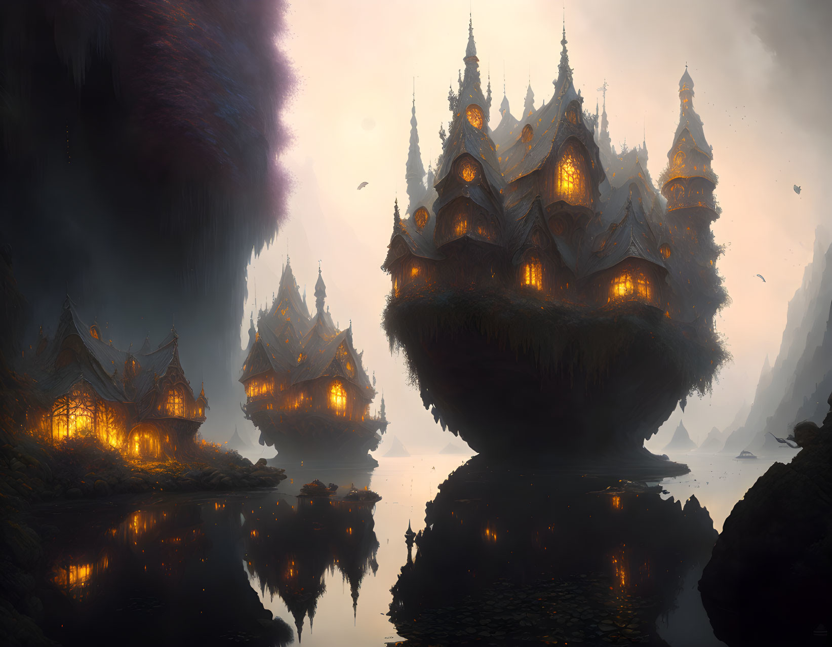Misty fantasy rock islands with illuminated castles in dusky landscape