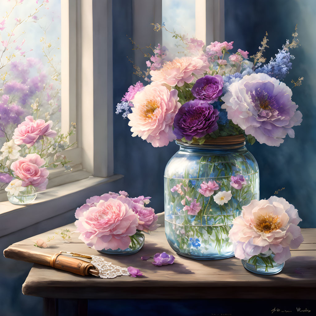 Colorful peonies in glass jar on wooden table with quill, ink pot, sunlight