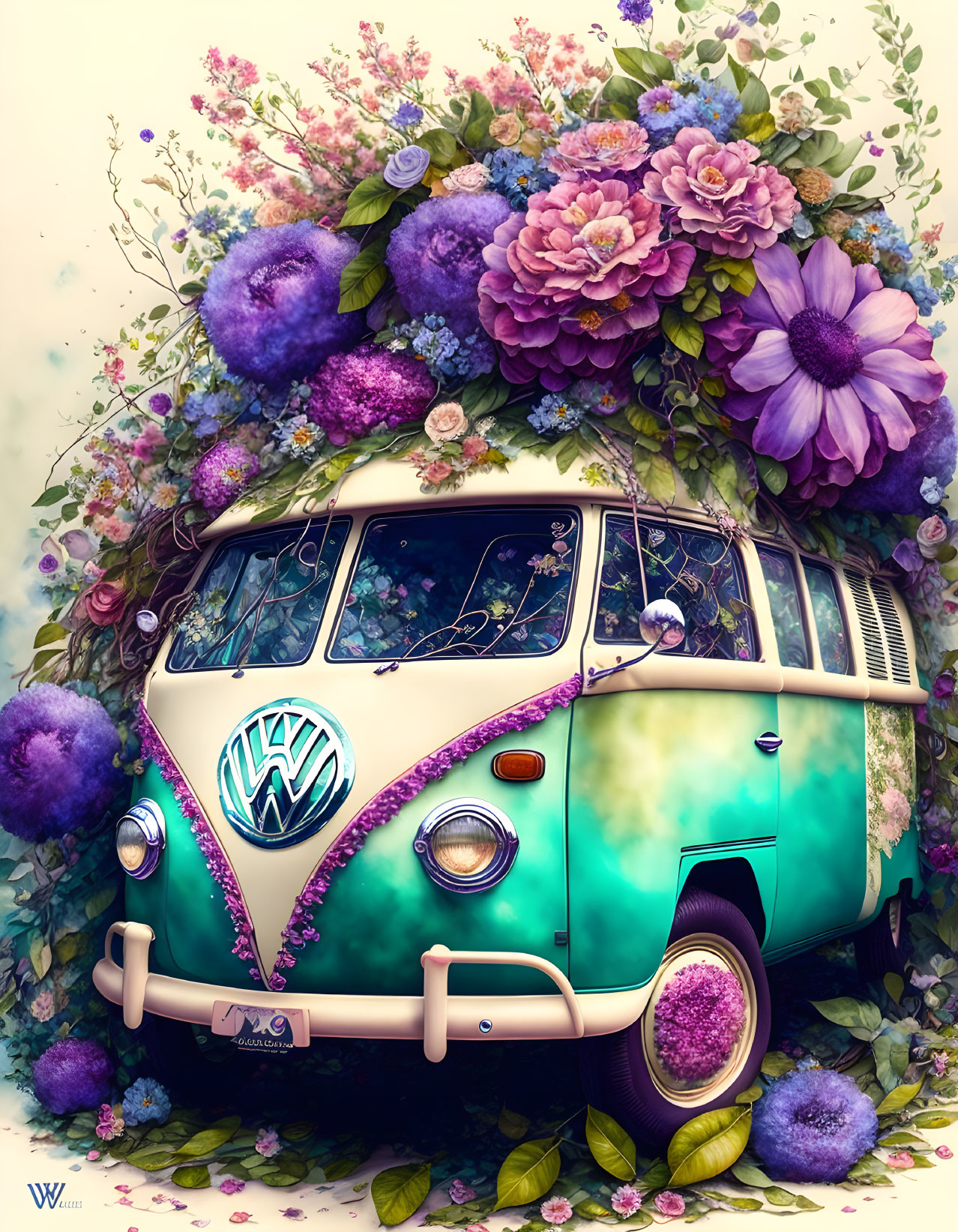 Colorful Vintage Volkswagen Van with Oversized Flowers and Foliage