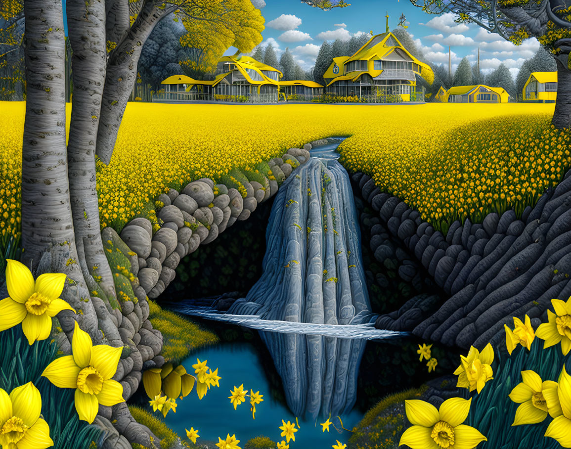 Colorful digital artwork: Whimsical landscape with yellow houses, river waterfall, and blooming flowers