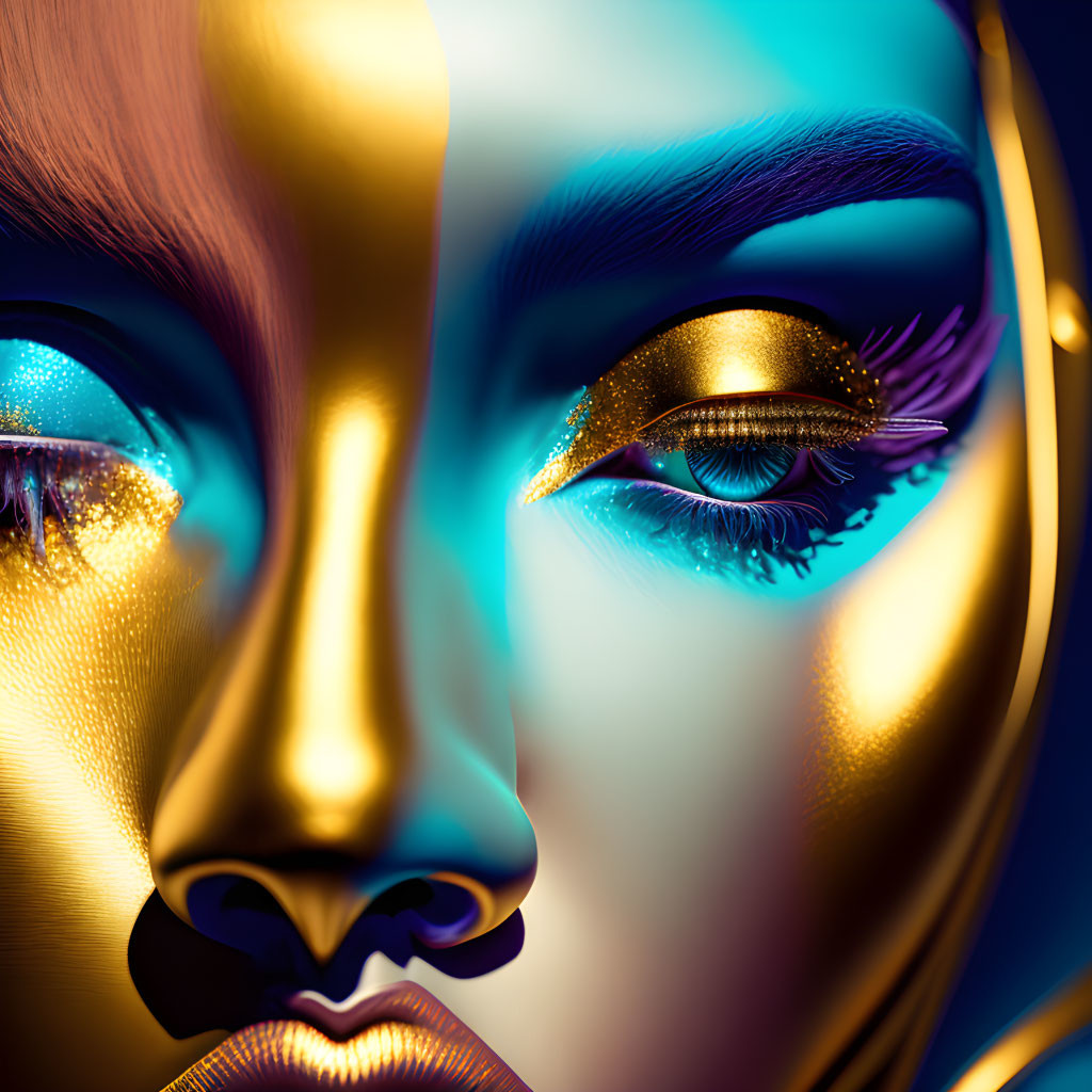 Close-Up of Face with Golden Mask and Vibrant Makeup