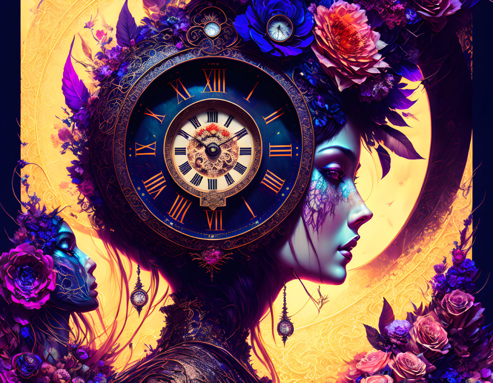 Vibrant artwork: Two female figures with floral and clockwork details under a crescent moon