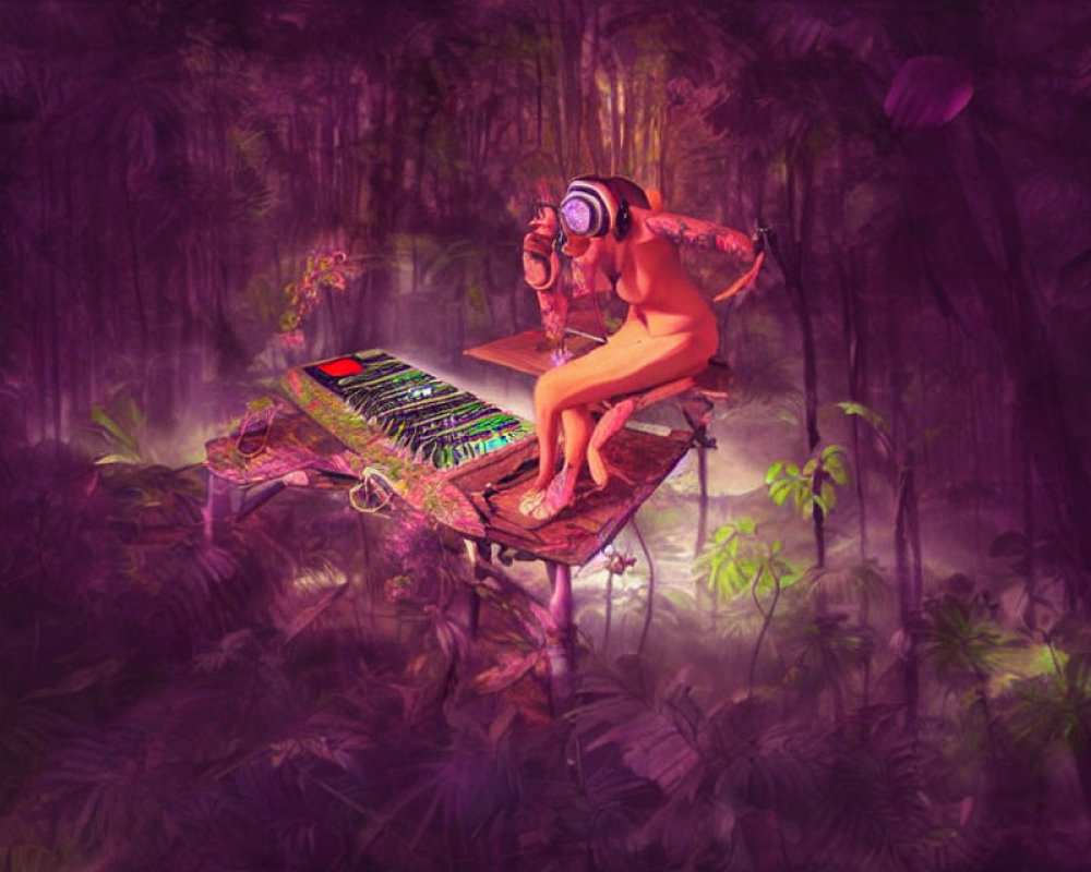 Vibrant winged fantasy creature playing keyboard in mystical forest