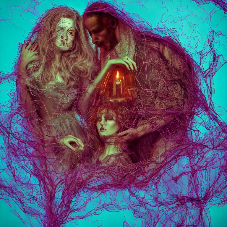 Three Figures Entangled in Violet Fibers with Lantern in Surreal Blue Lighting