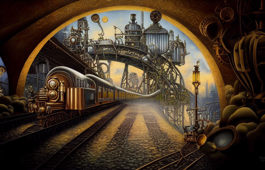 Steam engine arrives at steampunk train station with intricate designs under warm sky