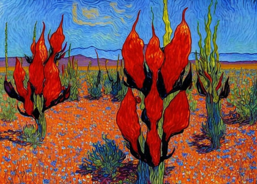 Colorful painting of red flowers under blue sky with swirling clouds, green stalks, and orange field