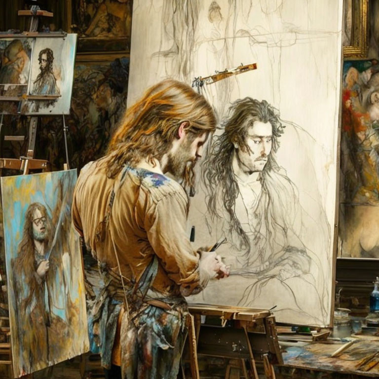 Portrait painting by artist with ponytail in art studio