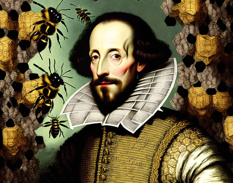 Elizabethan-era male with ruff collar and honeycombs in digital collage