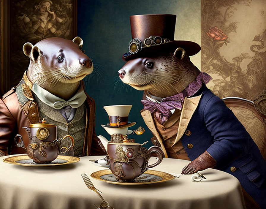 Anthropomorphic Otters in Victorian Attire Tea Party Scene