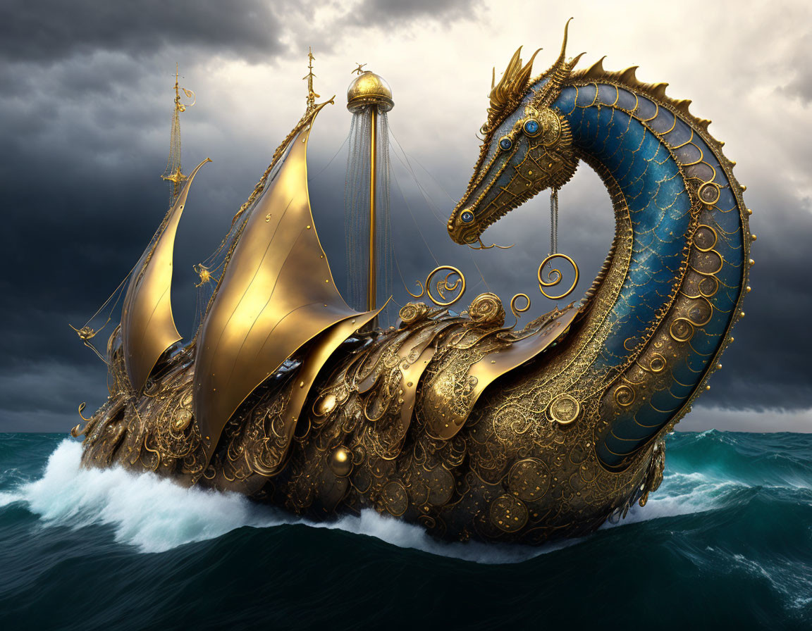 Golden sea dragon ship sailing through stormy ocean waves