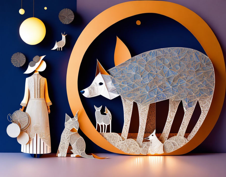 Intricate paper art of large fox, woman, celestial bodies & patterns on purple background