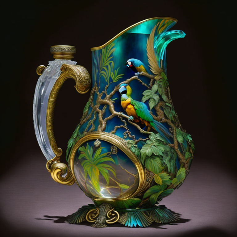 Ornate pitcher with parrot design and gold accents on dark background