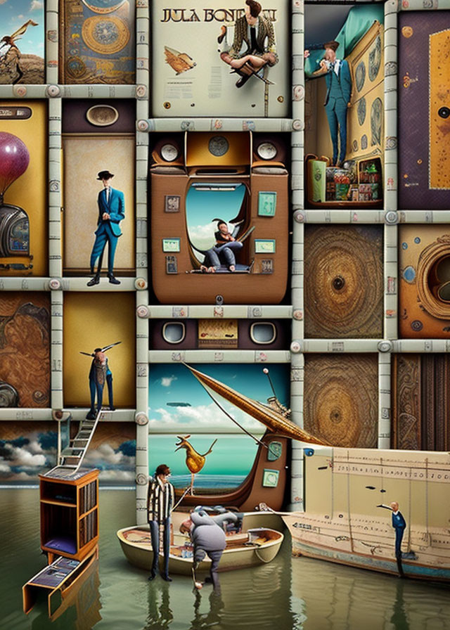 Whimsical surreal collage with oversized objects & vintage backdrop